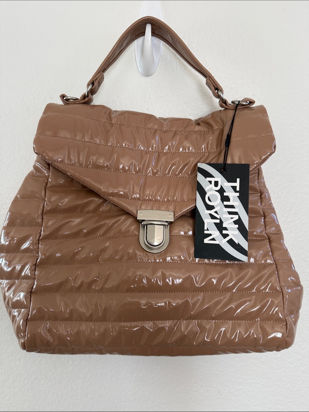 NWT THINK ROLYN The Evelyn Crossbody Bag Nude Patent Large Puffer Satchel